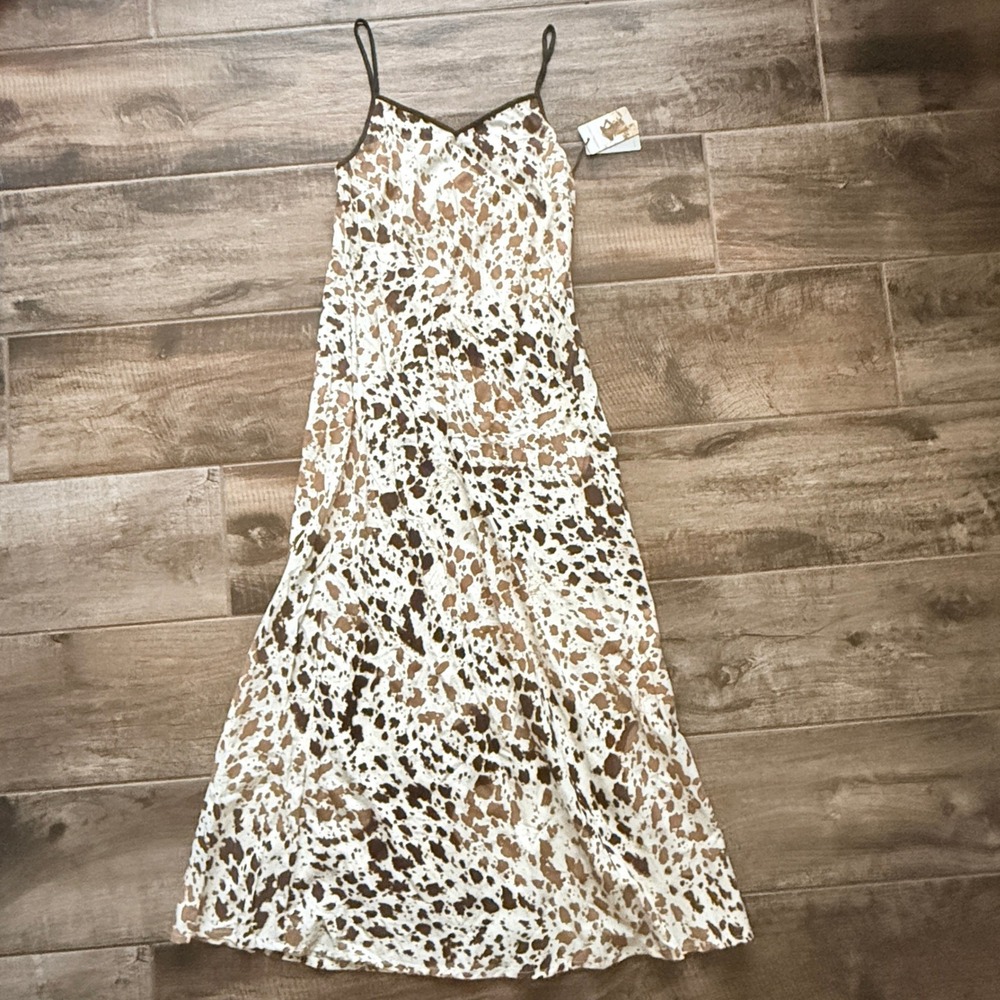 Sincerely‎ Jules Western Cow Print Maxi Slip Dress,Brown White, L (NWT)